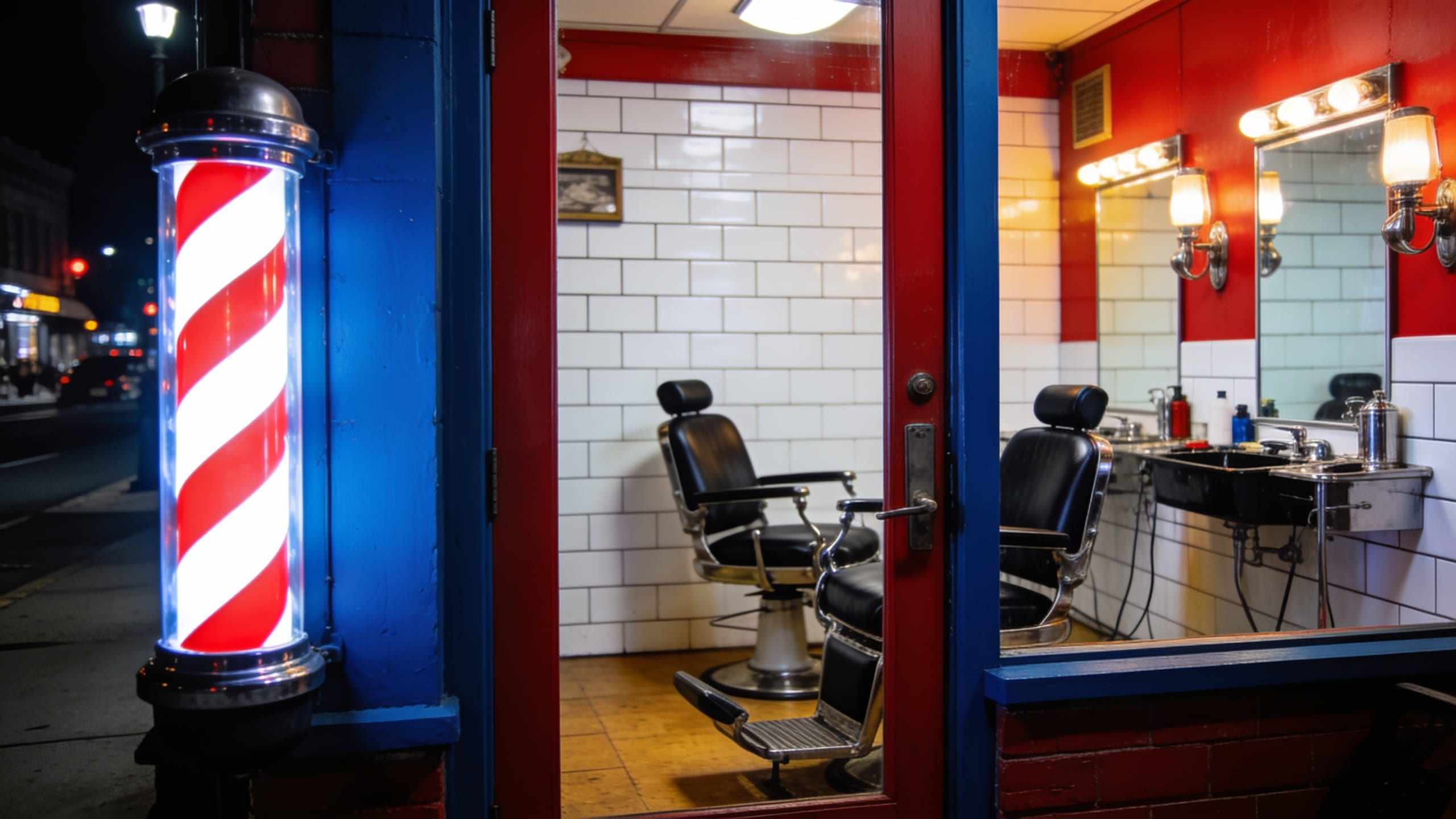 The barbershop at night seen from the street, warm light inside, empty chairs and a glowing barber pole by the door