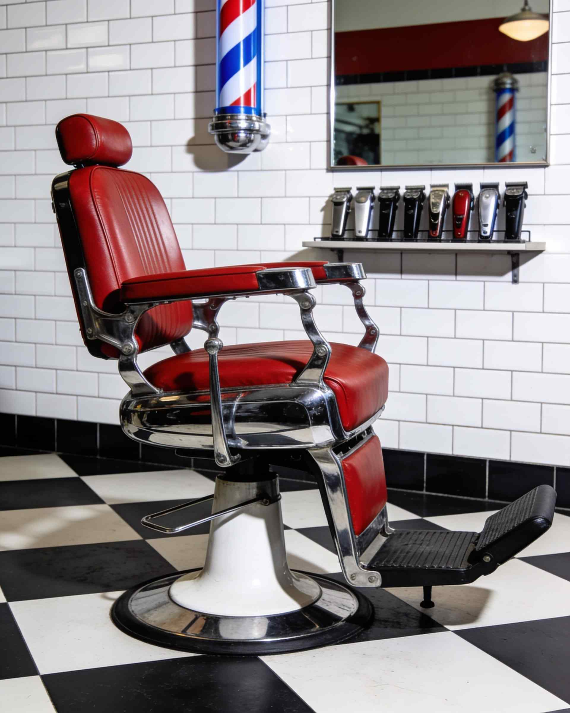 A red leather and chrome barber chair in a shop with white tiles, a black and white checkerboard floor and a barber pole on the wall