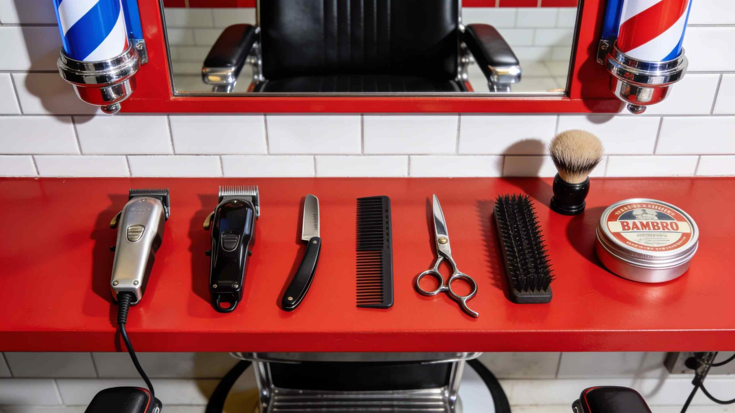 Barber tools laid out on a red counter: clippers, a straight razor, scissors, combs, a shaving brush and a tin of pomade