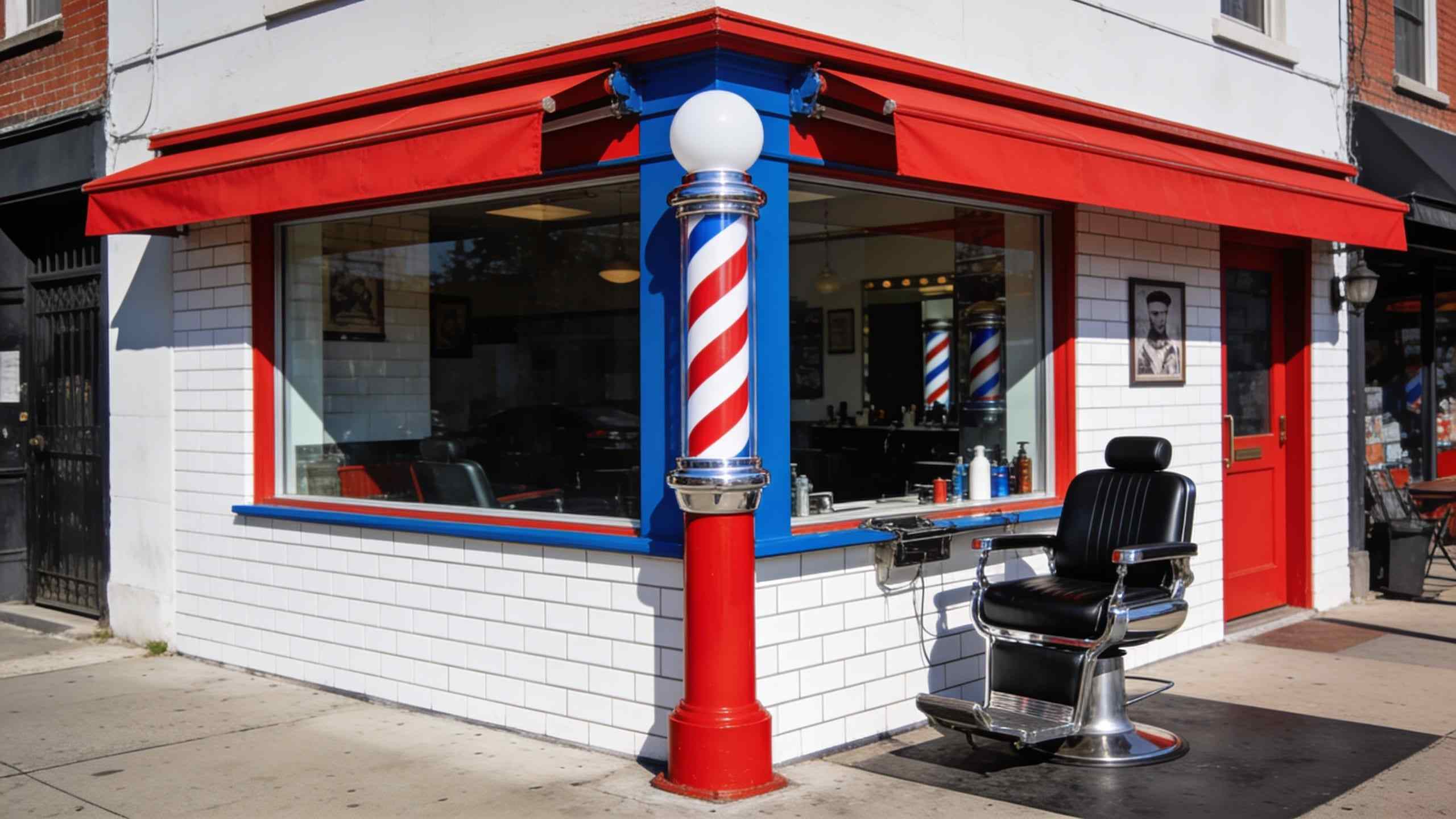 The corner barbershop with a red awning, white tiles, a big window and a red and white barber pole
