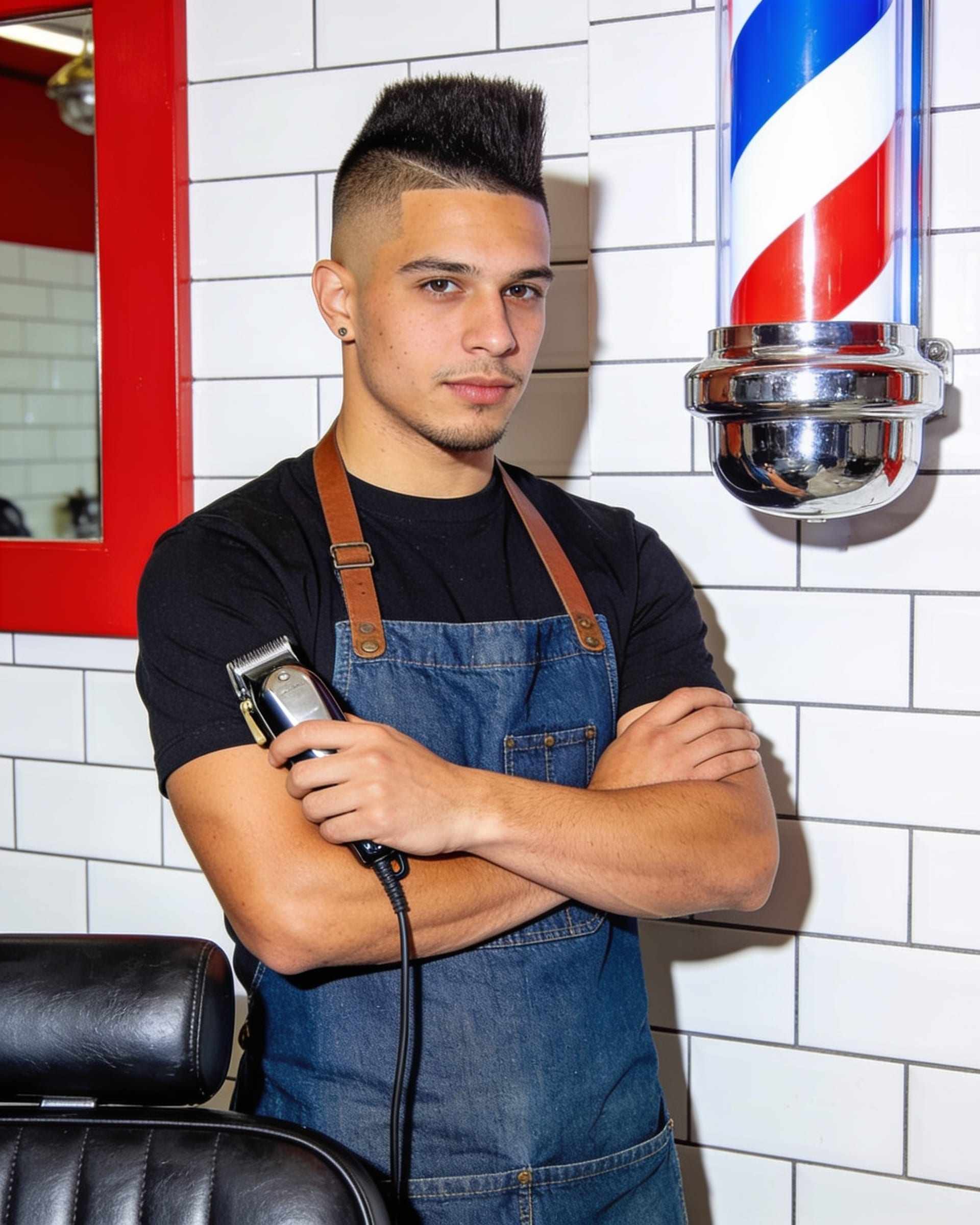 A young barber with a high-top fade and a denim apron, arms crossed, clippers in hand, against white tiles