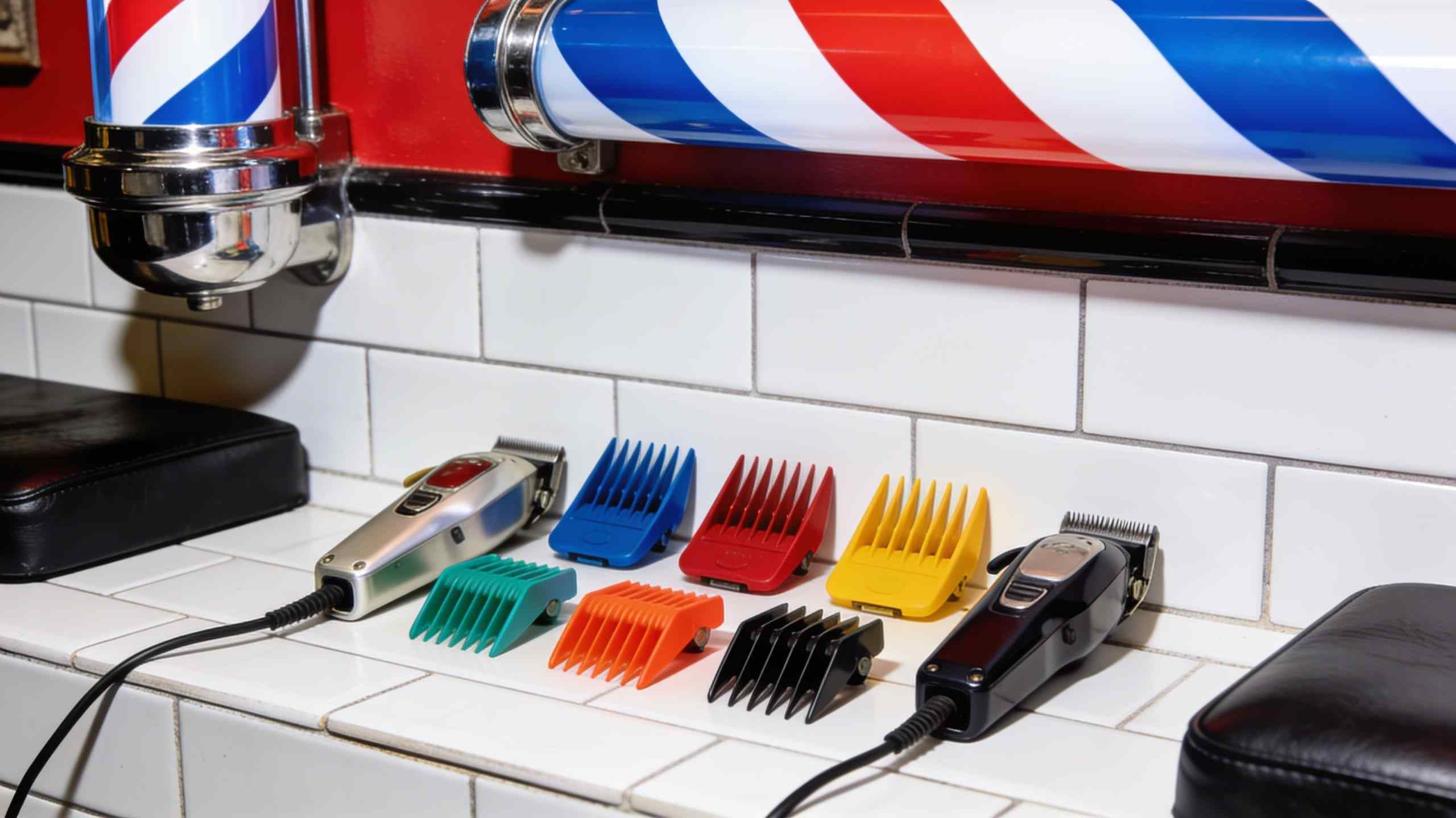 A set of colourful clipper guards and clippers laid out on white tiles