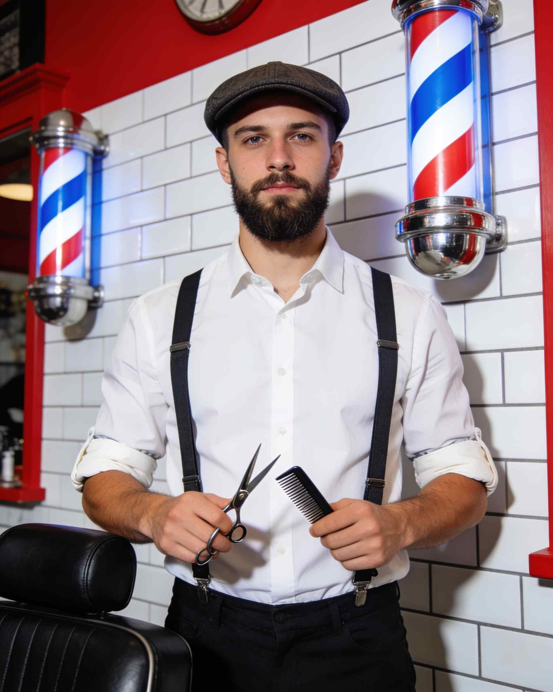A young barber with a neat beard and a flat cap, white shirt and suspenders, holding scissors and a comb