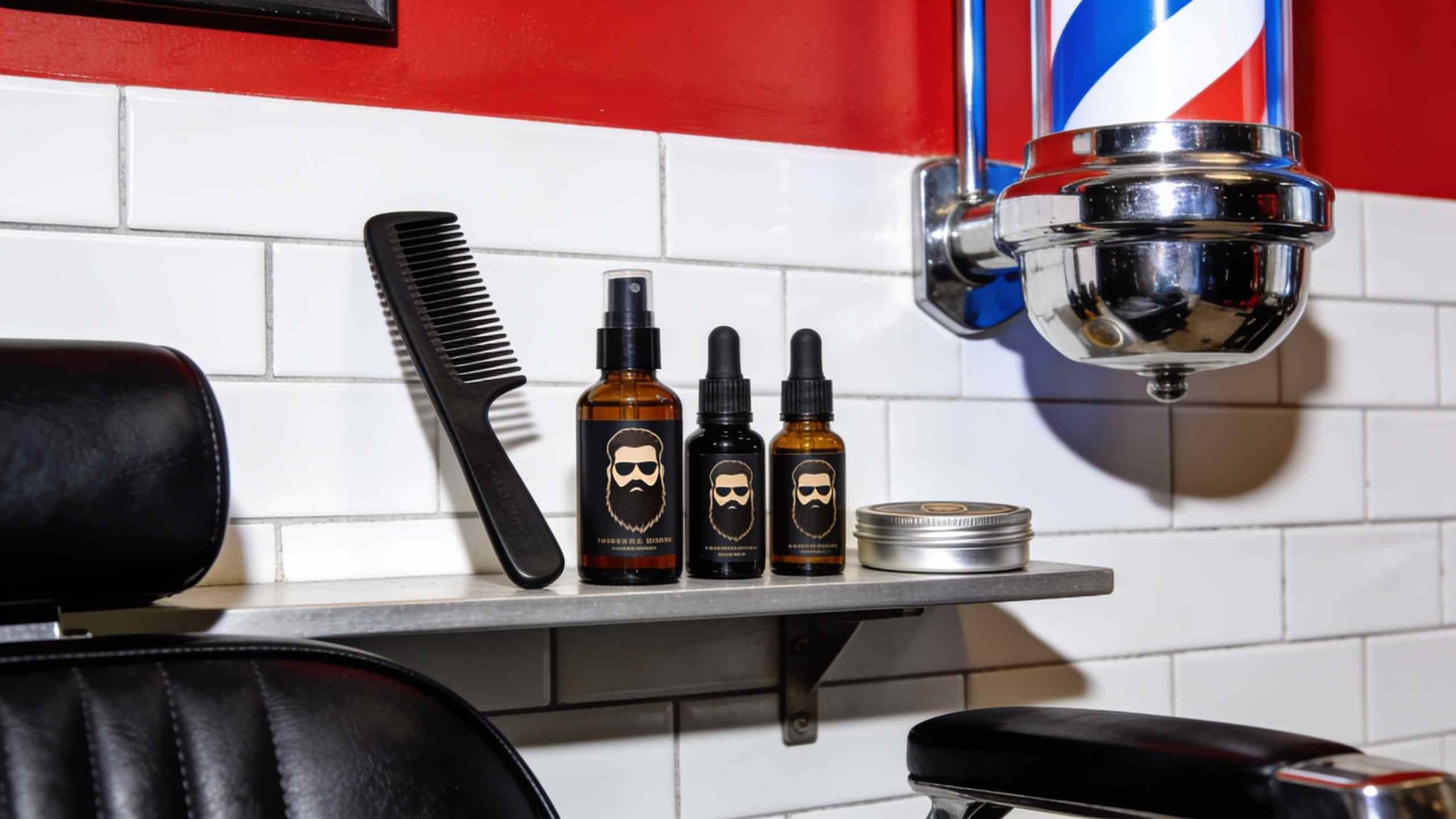 Bottles of beard oil, a beard comb and a balm tin on a barber’s shelf against white tiles