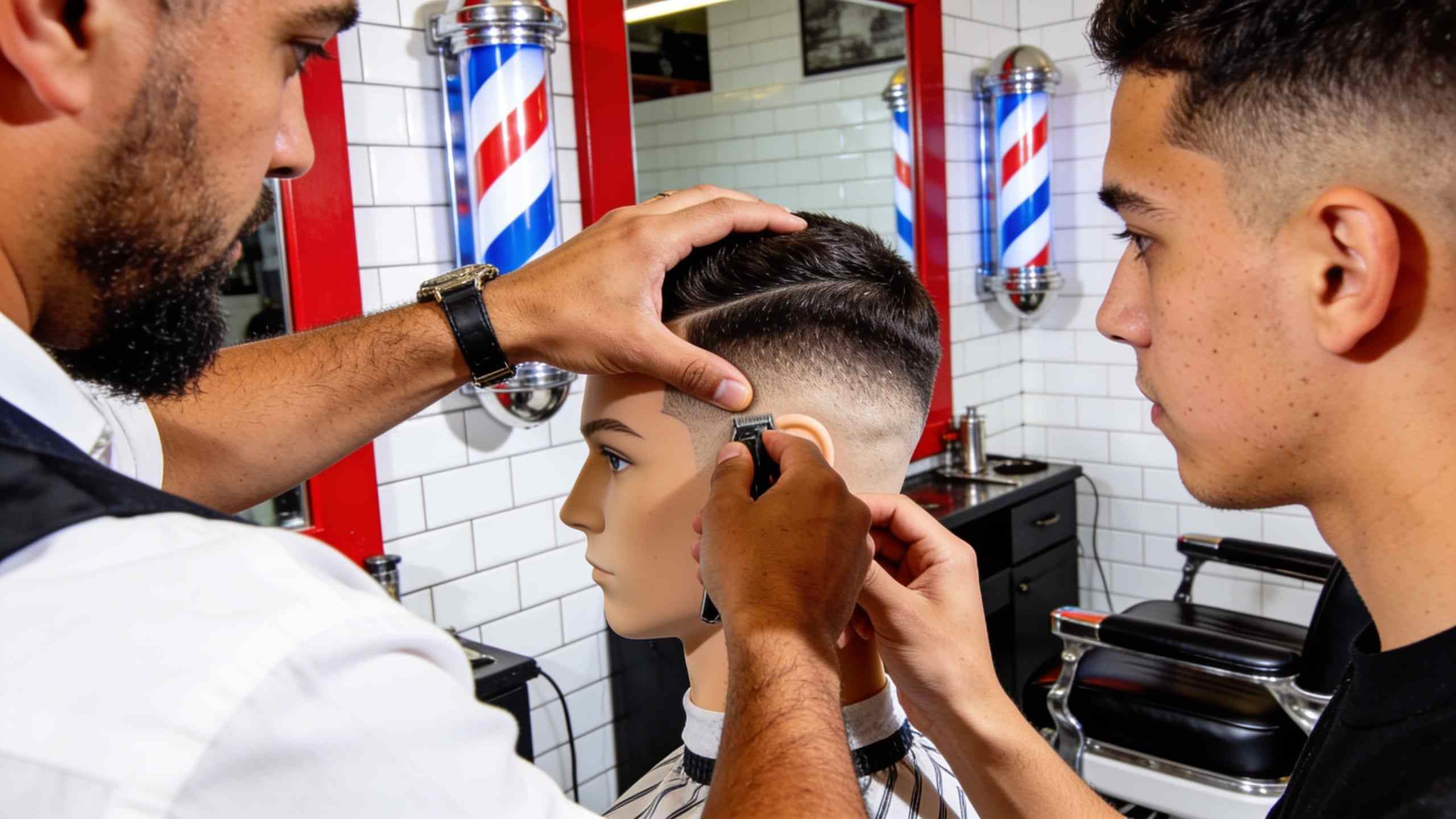 An experienced barber guiding an apprentice’s hands as they practise a fade on a mannequin head