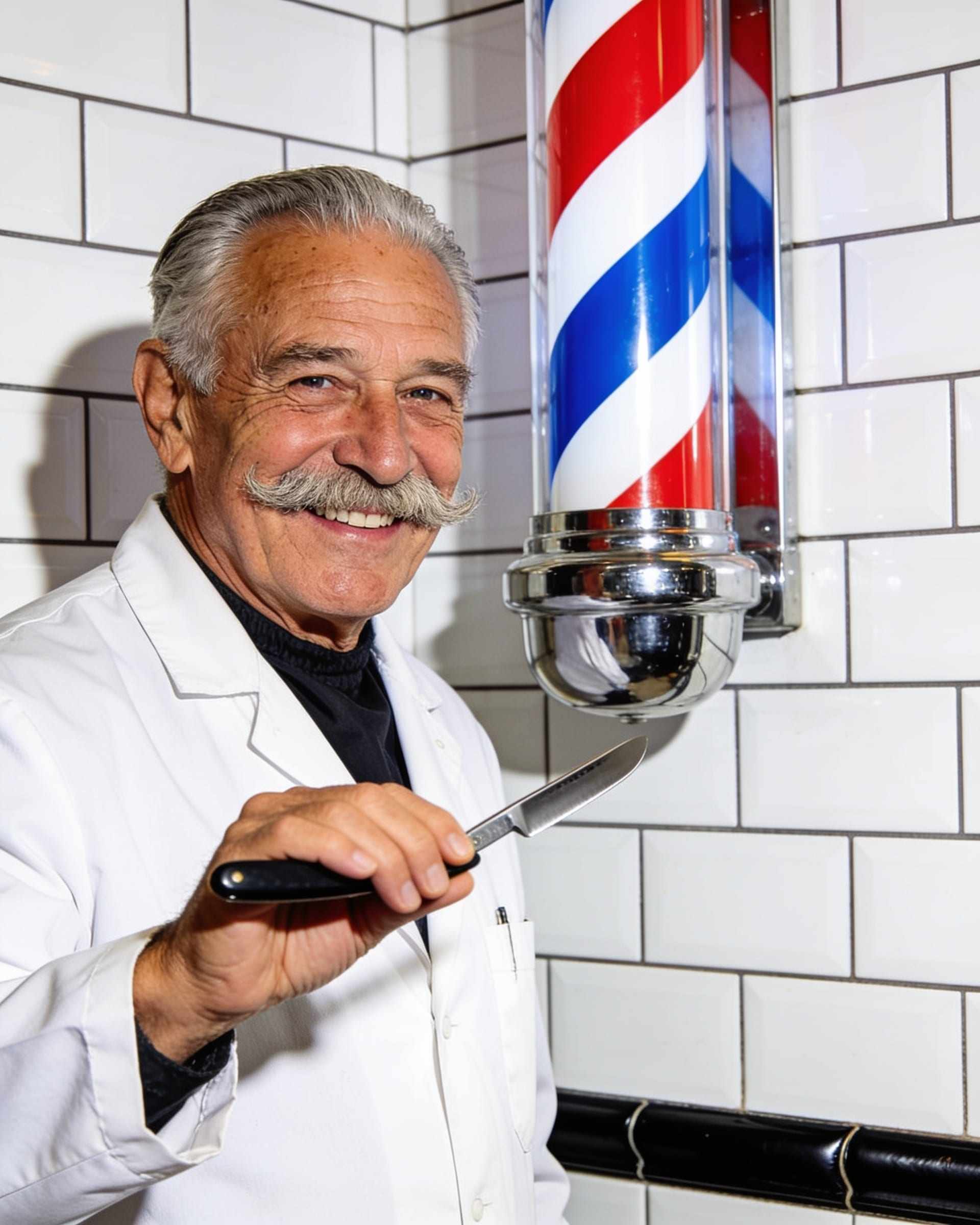 An older barber with a grey moustache in a white barber jacket, holding a straight razor and smiling