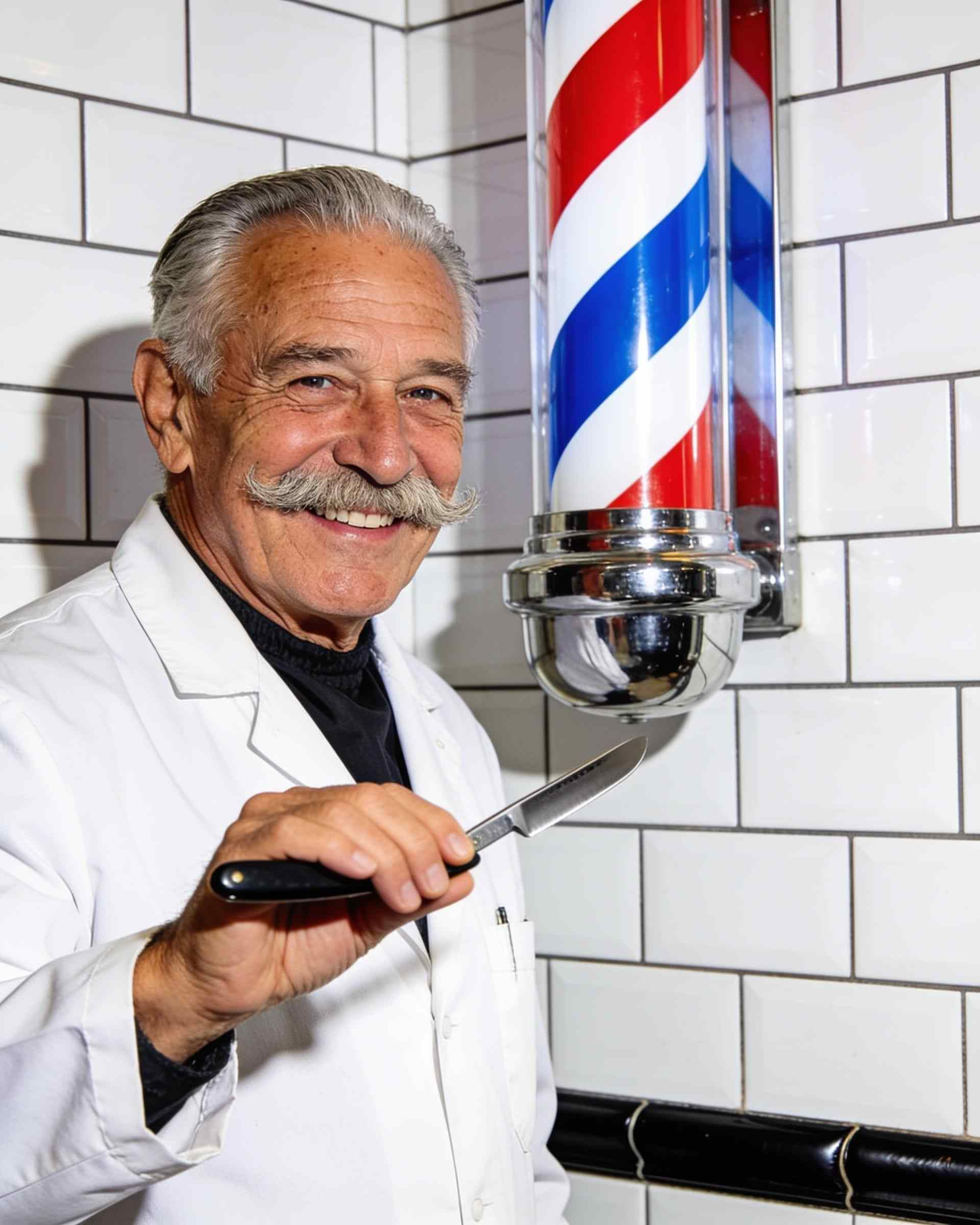 An older barber with a grey moustache in a white barber jacket, holding a straight razor and smiling