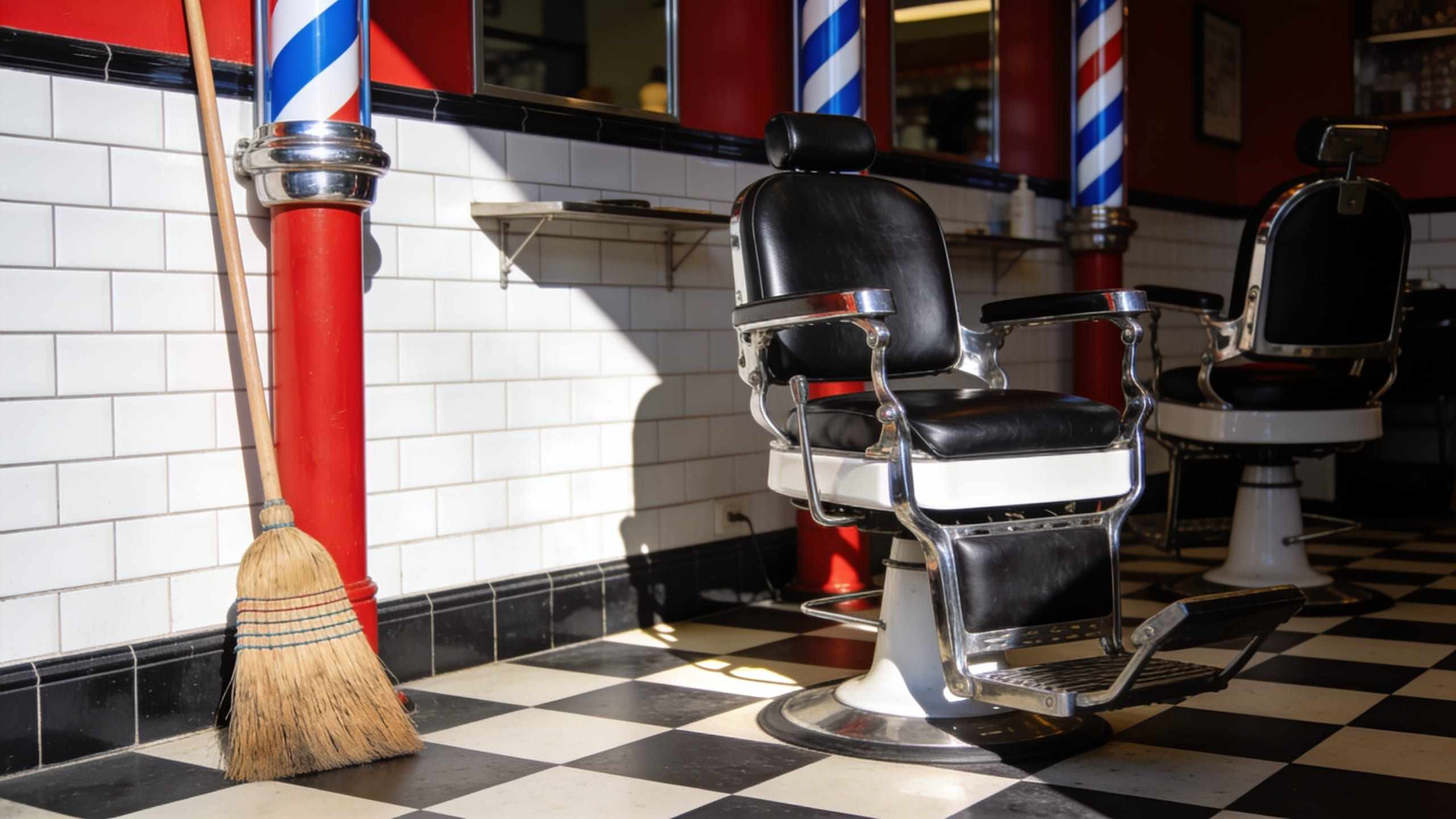 An empty barbershop in the morning, chairs turned, a broom against the wall and sunlight on the checkerboard floor