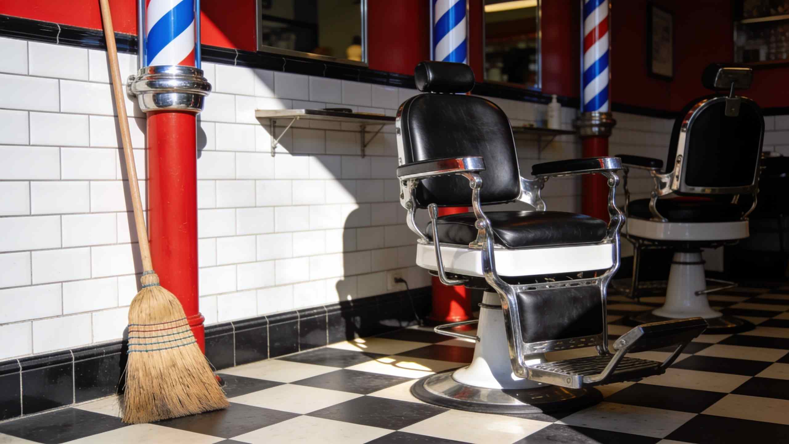 An empty barbershop in the morning, chairs turned, a broom against the wall and sunlight on the checkerboard floor