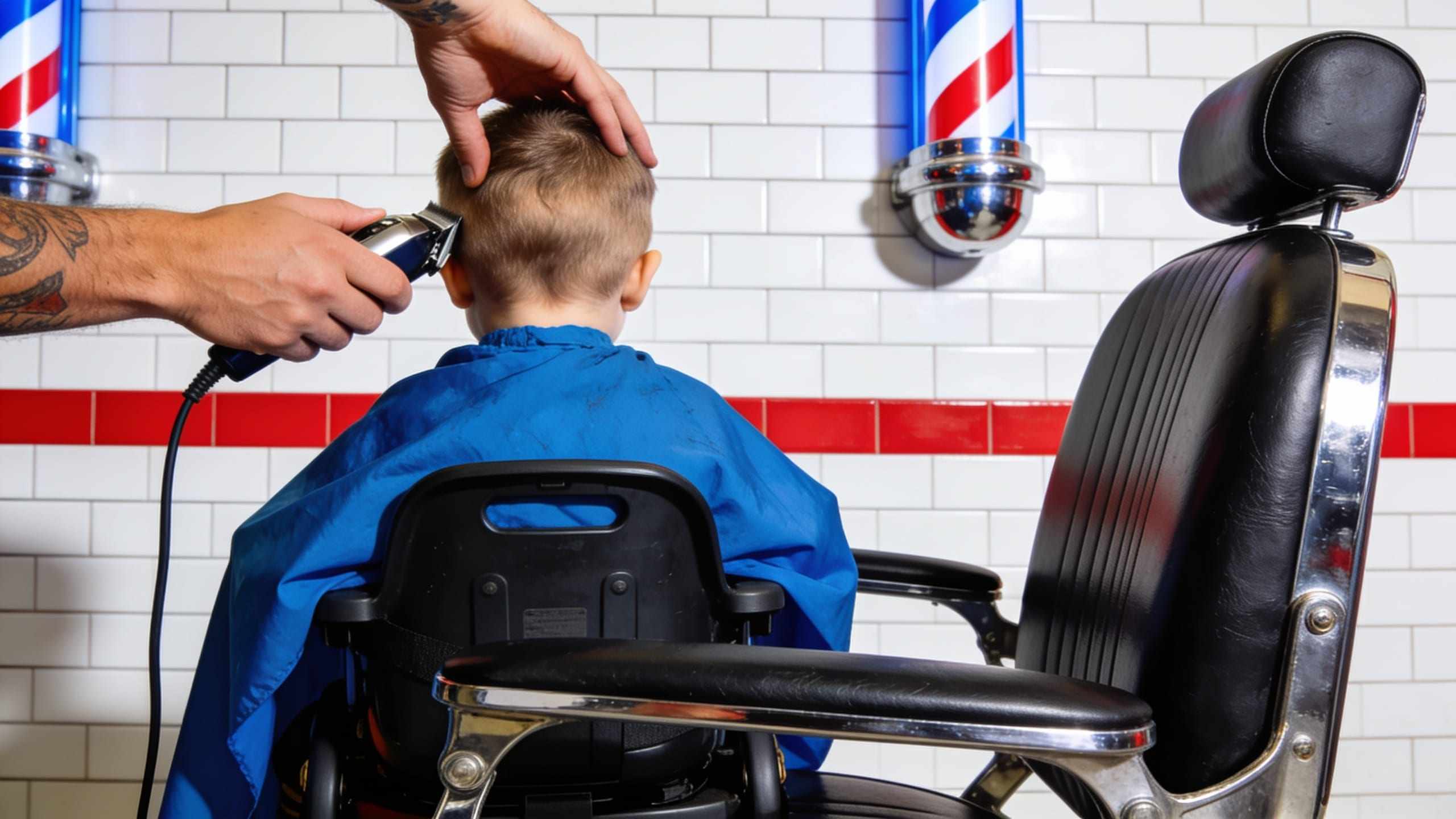 A small child in a blue cape on a booster seat in a barber chair, a barber’s hands with clippers at the back of the head