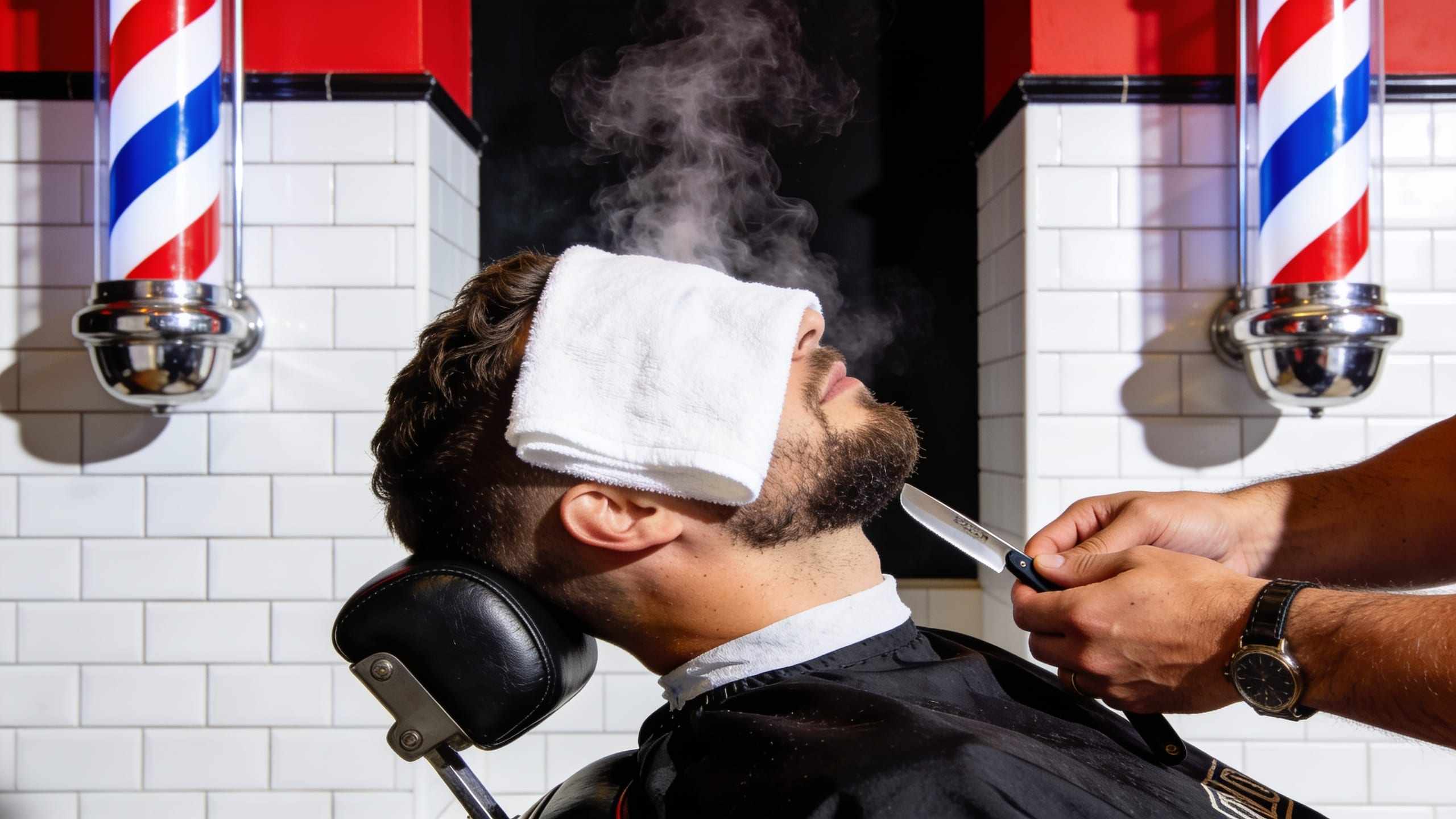 A customer reclined in a barber chair with a steaming white towel over his face, a barber holding a straight razor beside him